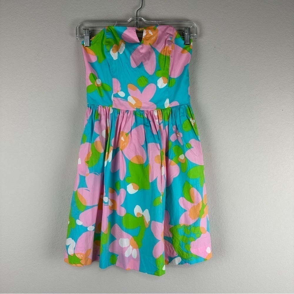Lilly Pulitzer Pink Blue Green Floral Richelle Strapless Tie Back Mini Dress 0